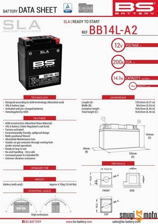 Akumulator BS YB14L-A2/F AGM (bezobsługowy, zalany), 135x91x167mm, np. Piaggio X9 500